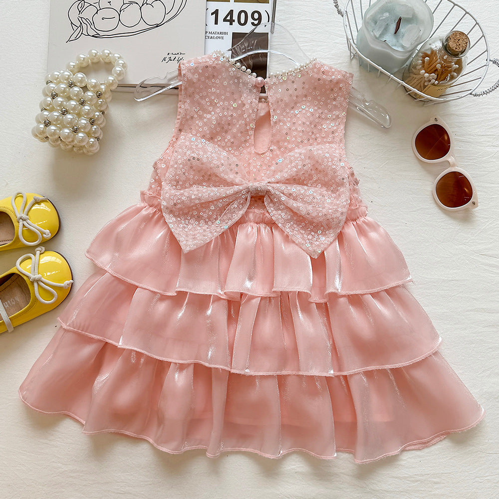 Girls Round Neck Sequin Sleeveless Dress Back Button Large Bow Tulle Spliced Princess Dress