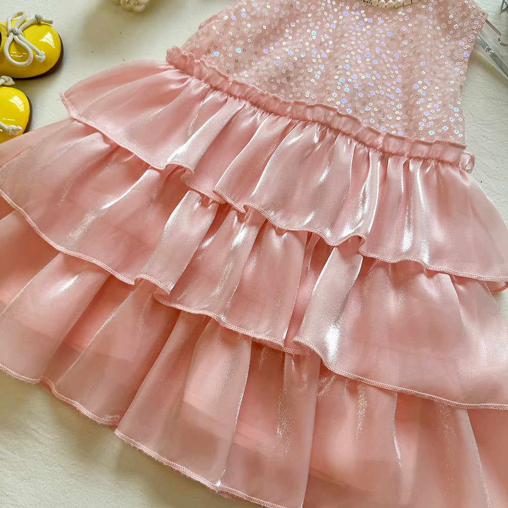 Girls Round Neck Sequin Sleeveless Dress Back Button Large Bow Tulle Spliced Princess Dress