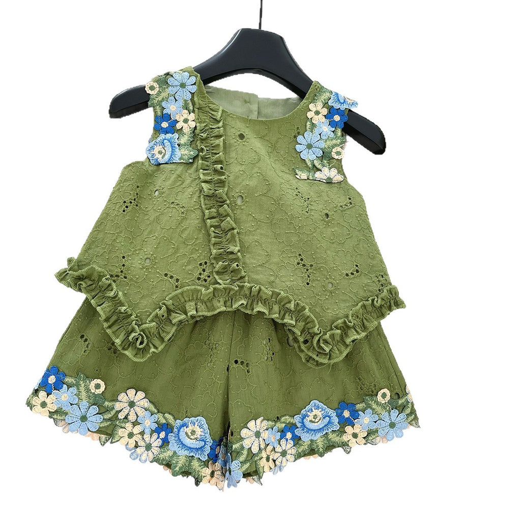 Floral Backless Top with Bow Sleeveless Vest and Ruffle Shorts Set for Girls
