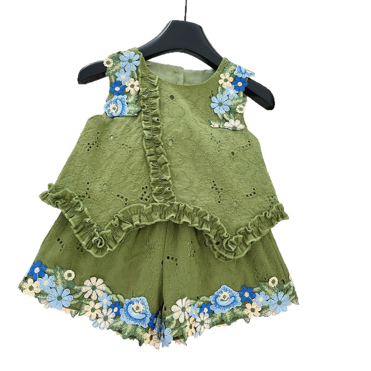 Floral Backless Top with Bow Sleeveless Vest and Ruffle Shorts Set for Girls