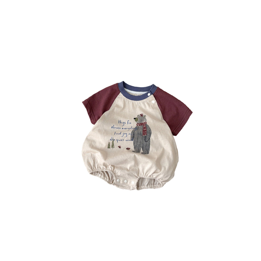 Baby Boy Lightweight Bear Print Bodysuit with Short Sleeve Stylish Outerwear for Infants