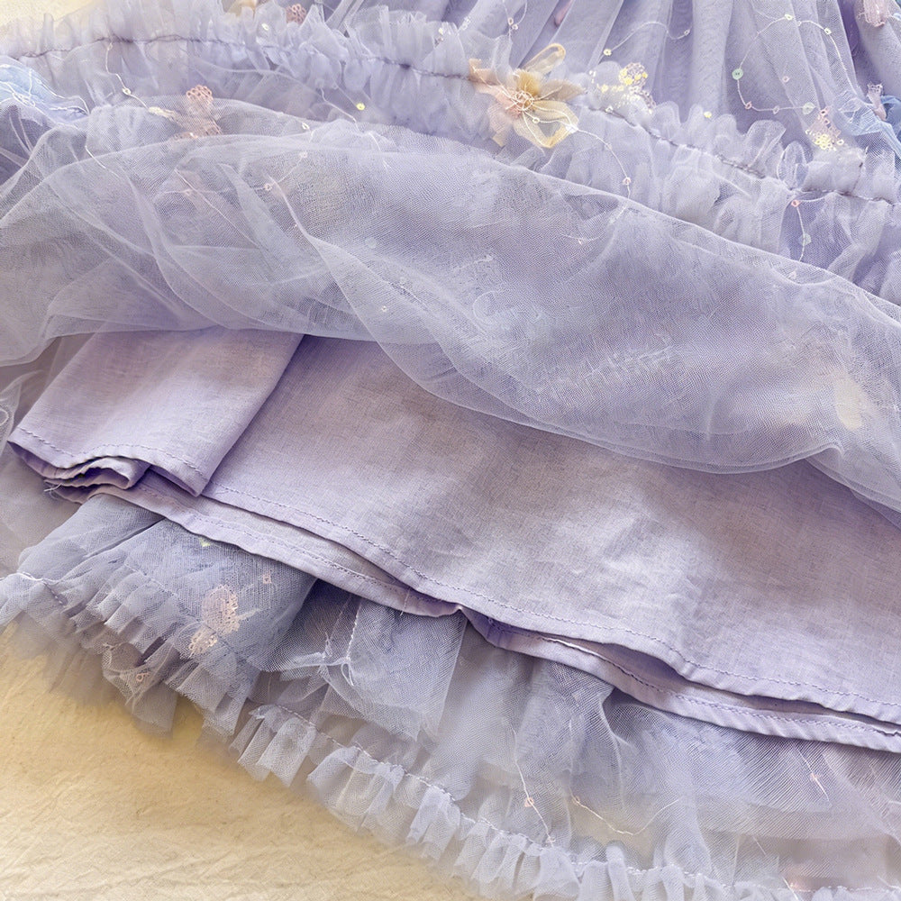 Pastel Color Bow Lace Dress for Girls, Flower Sleeveless Sequin Princess Dress