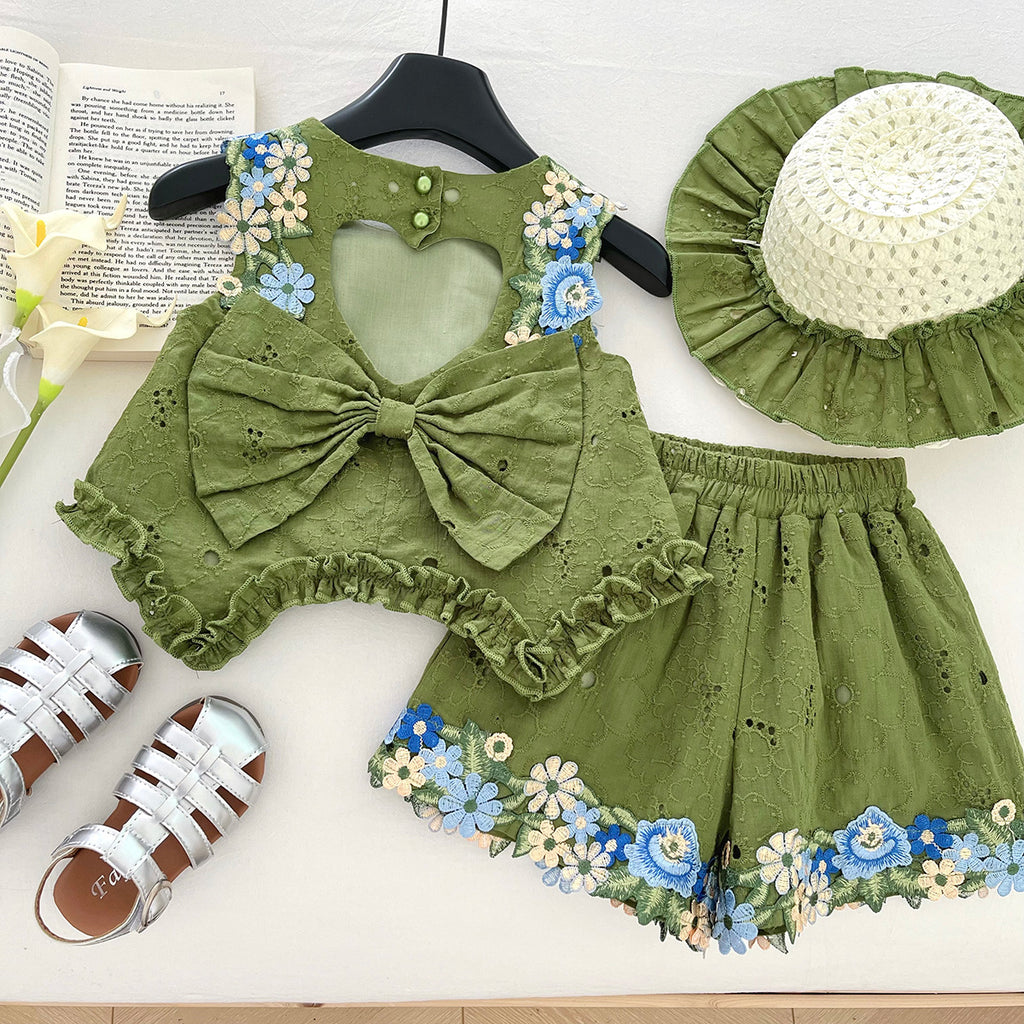 Floral Backless Top with Bow Sleeveless Vest and Ruffle Shorts Set for Girls