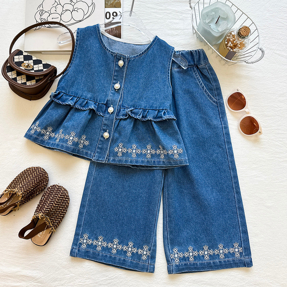 Girls' Washed Soft Denim Cross Flower Vest Se