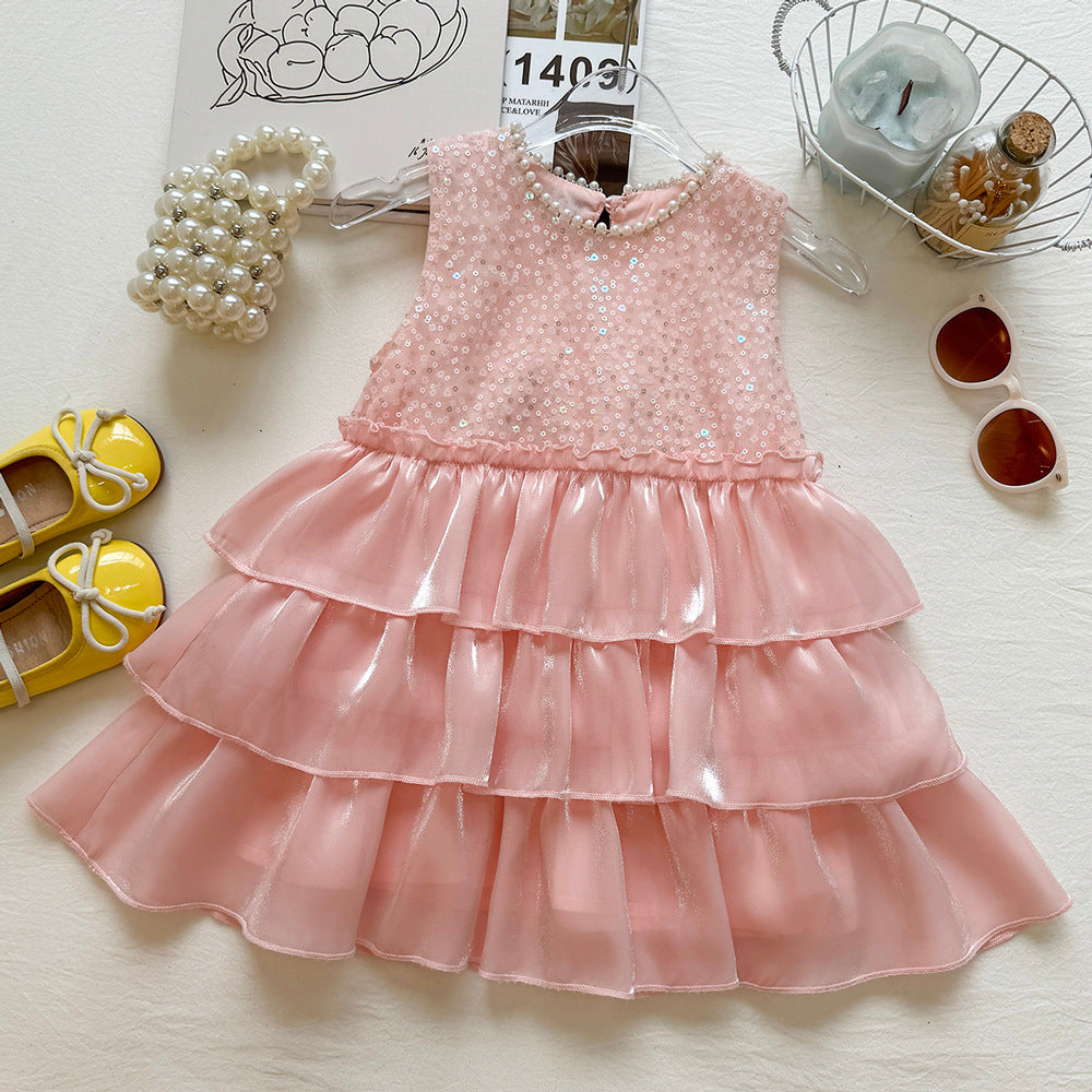 Girls Round Neck Sequin Sleeveless Dress Back Button Large Bow Tulle Spliced Princess Dress