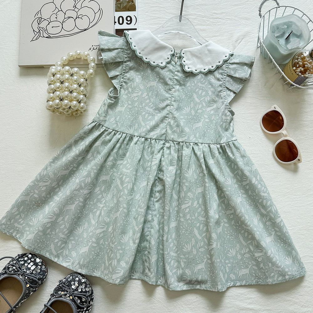 Cute Deer Print Peter Pan Collar Flutter Sleeve Dress for Girls