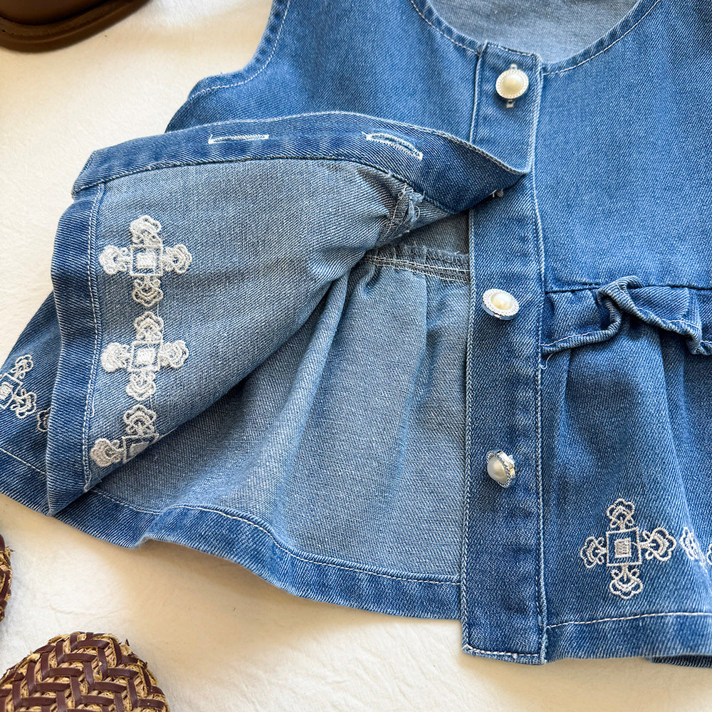 Girls' Washed Soft Denim Cross Flower Vest Se
