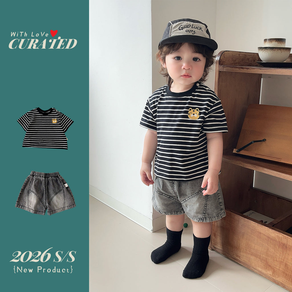 Short Sleeve T-Shirt  Denim Shorts Set for Boys, Lightweight Summer Outfit, Two-Piece Children's Clothing