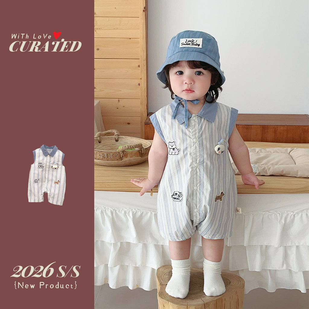 Romper Vest Stripe Cartoon Applique Bodysuit Stylish Summer Crawling Suit
