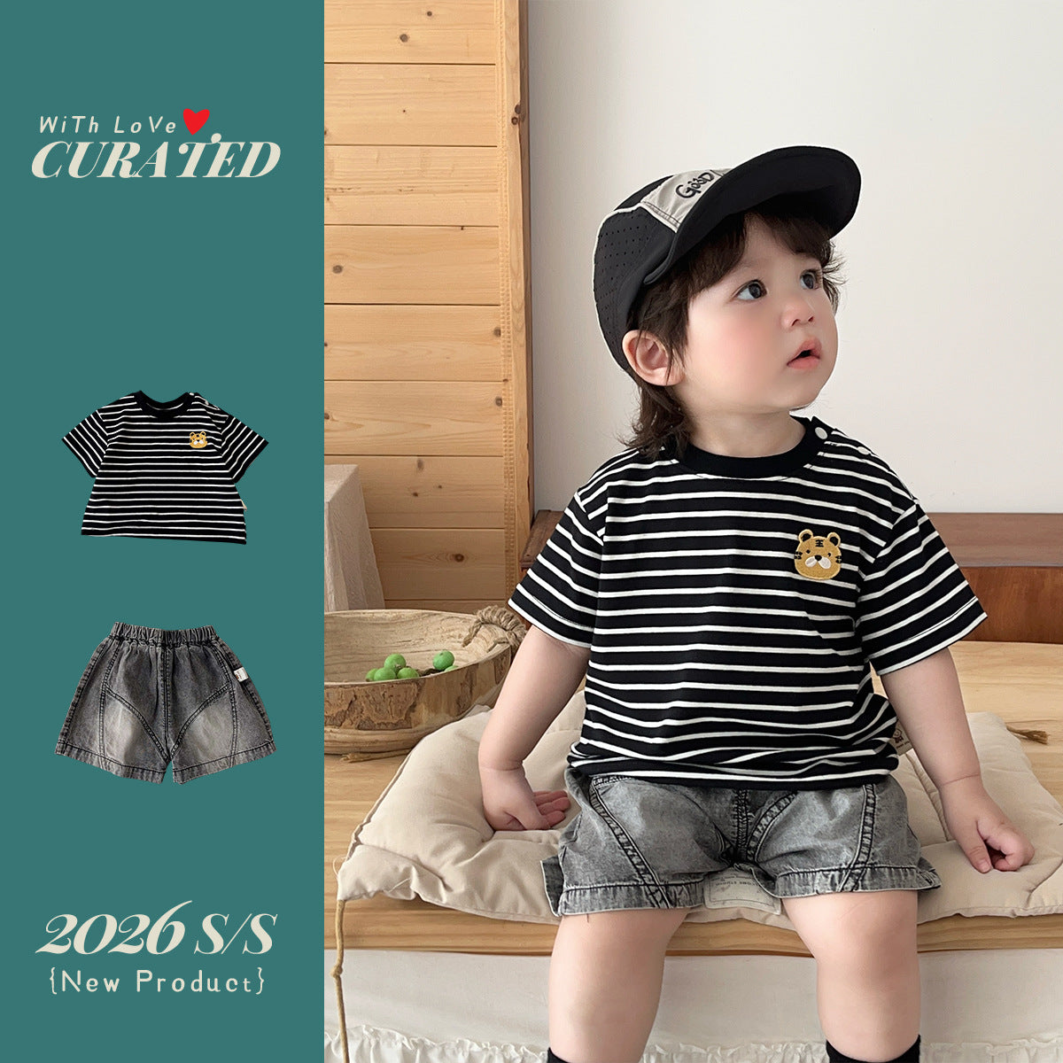 Short Sleeve T-Shirt  Denim Shorts Set for Boys, Lightweight Summer Outfit, Two-Piece Children's Clothing
