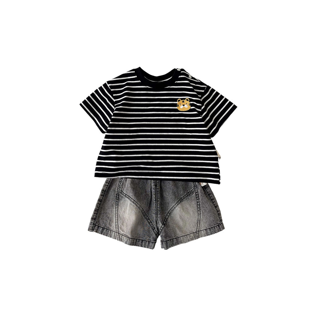 Short Sleeve T-Shirt  Denim Shorts Set for Boys, Lightweight Summer Outfit, Two-Piece Children's Clothing