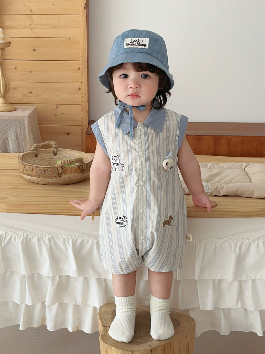Romper Vest Stripe Cartoon Applique Bodysuit Stylish Summer Crawling Suit