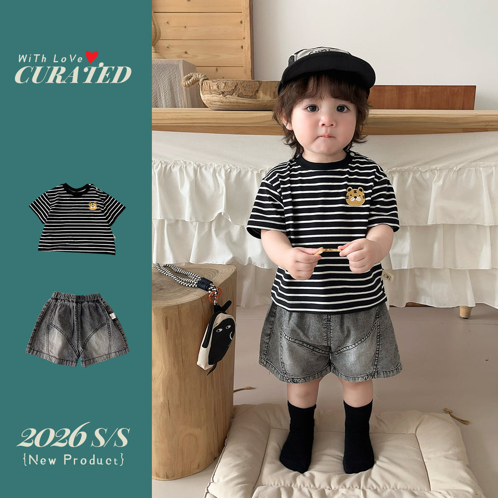 Short Sleeve T-Shirt  Denim Shorts Set for Boys, Lightweight Summer Outfit, Two-Piece Children's Clothing