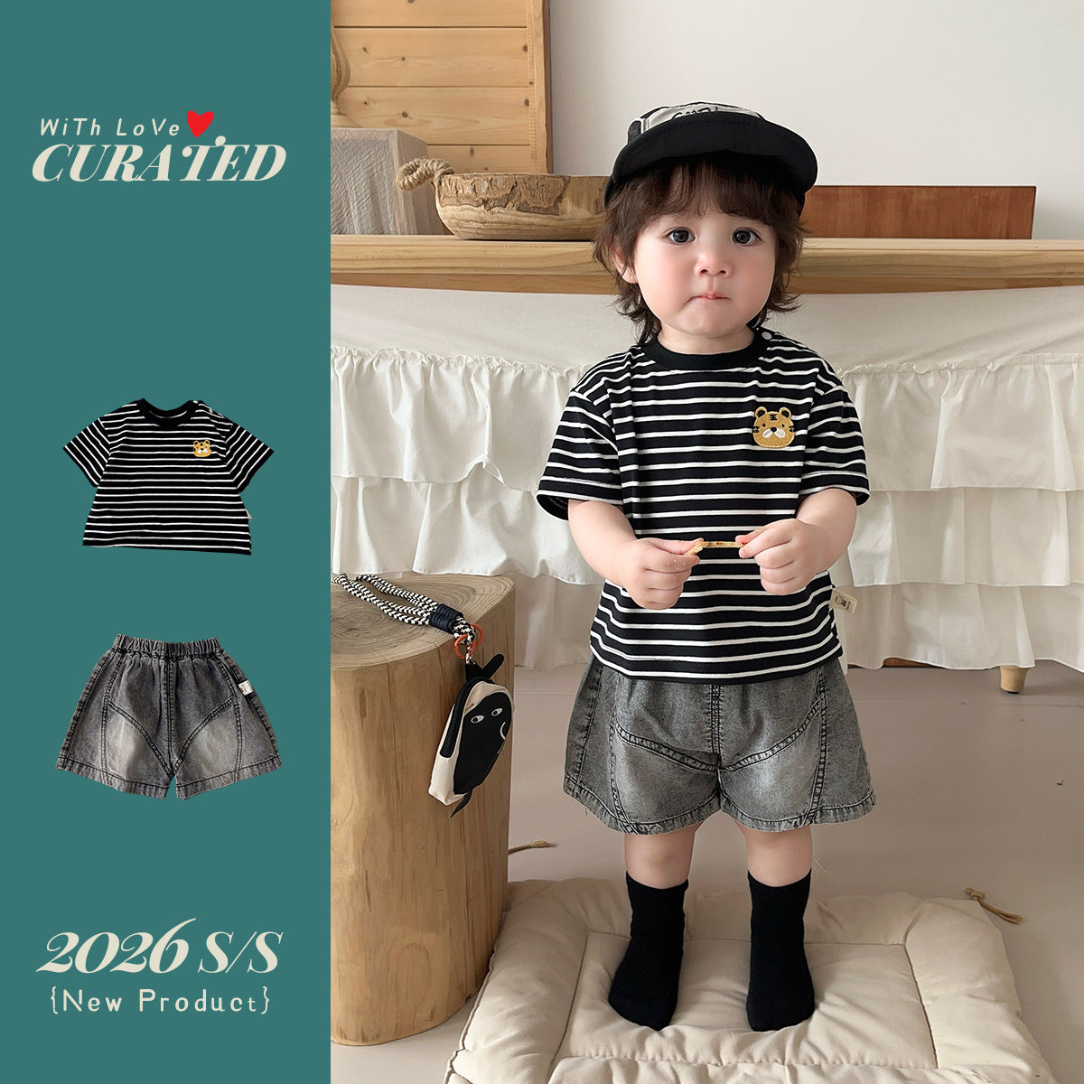 Short Sleeve T-Shirt  Denim Shorts Set for Boys, Lightweight Summer Outfit, Two-Piece Children's Clothing
