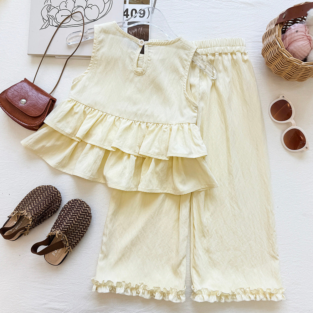 Girls' Ruffle Sleeveless Top Set Pants Two-Piece Set