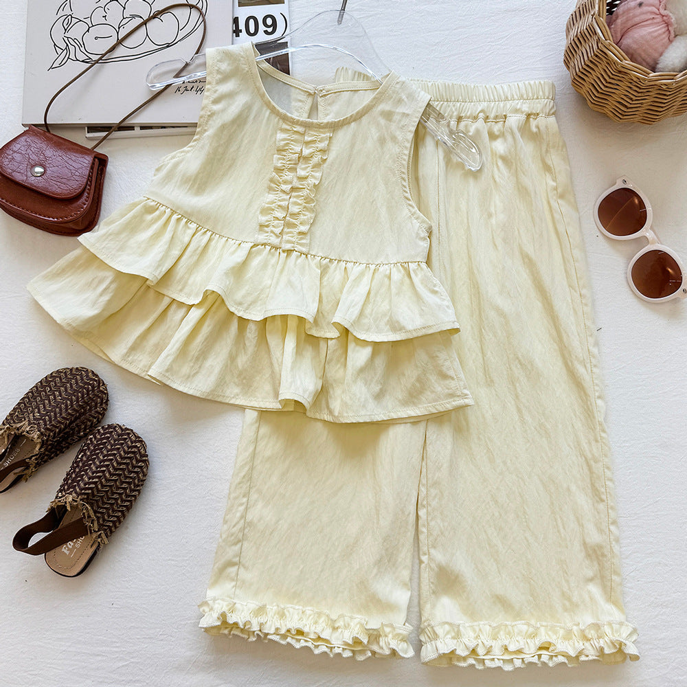 Girls' Ruffle Sleeveless Top Set Pants Two-Piece Set