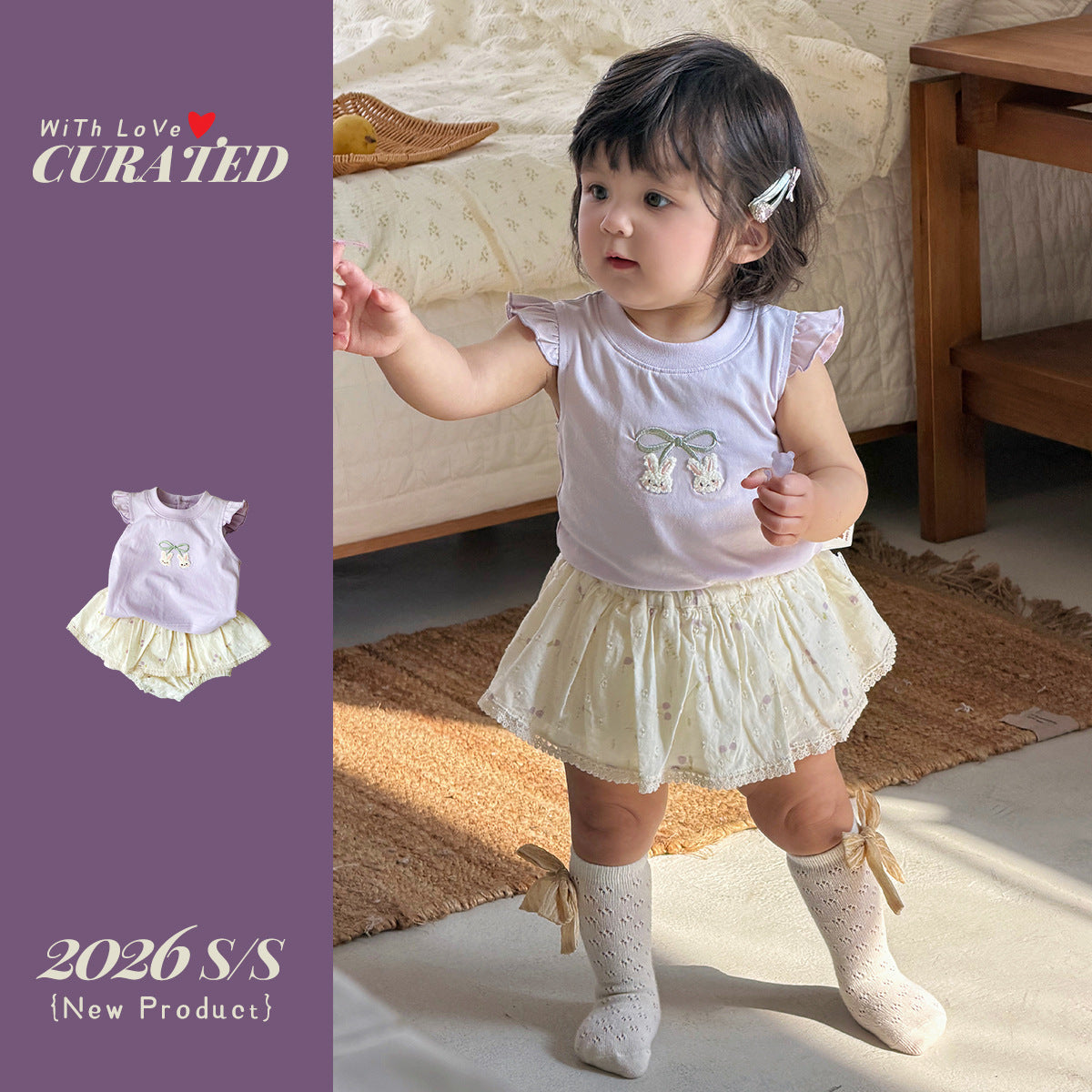 Cartoon Printed Top with Floral Bloomers, Toddler Casual Set
