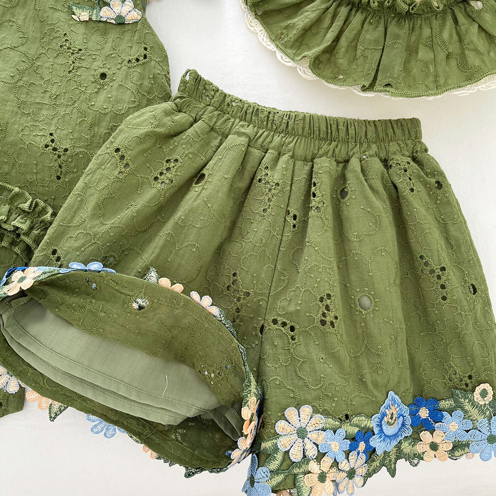 Floral Backless Top with Bow Sleeveless Vest and Ruffle Shorts Set for Girls