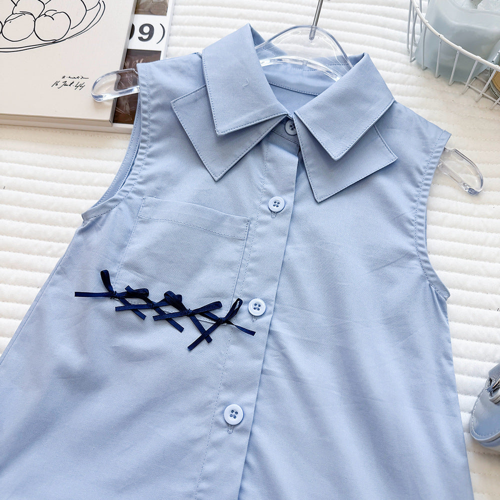 Girls' Sleeveless Dress College Wind Bow Backless Dress