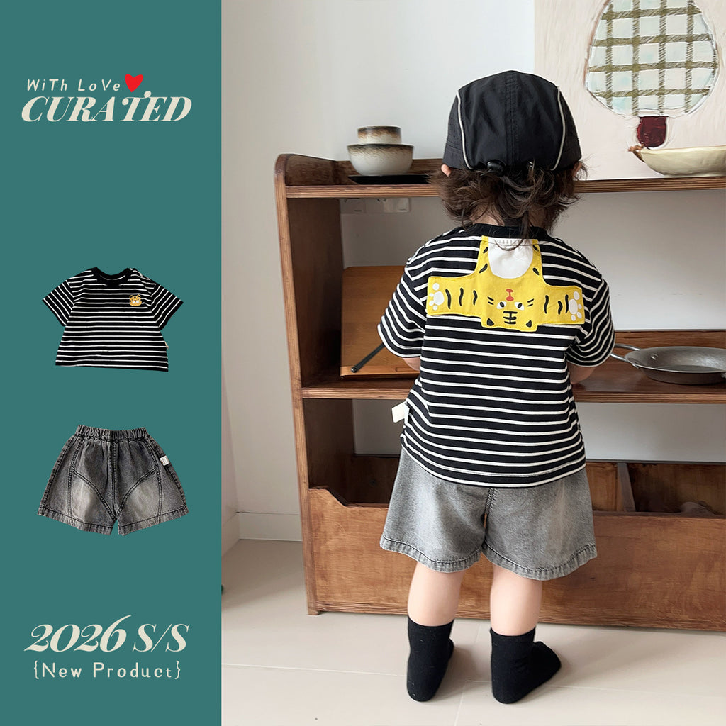 Short Sleeve T-Shirt  Denim Shorts Set for Boys, Lightweight Summer Outfit, Two-Piece Children's Clothing