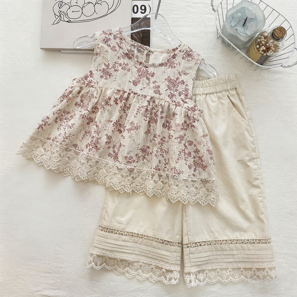 Floral Sleeveless Back Buttoned Doll Shirt Set for Girls
