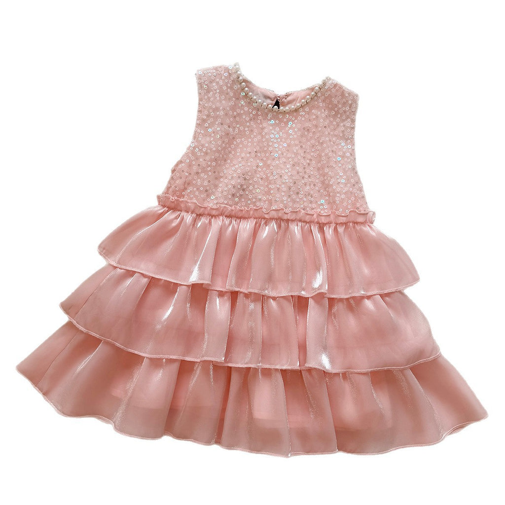 Girls Round Neck Sequin Sleeveless Dress Back Button Large Bow Tulle Spliced Princess Dress