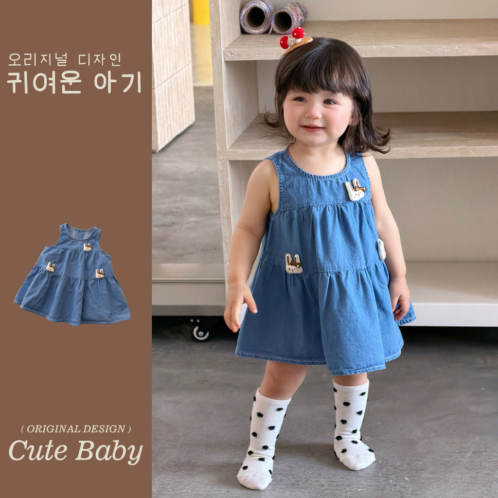Girl Soft and Cute Denim Overall Dress Cartoon Rabbit Doll Dress Sleeveless Princess Dress for Toddlers