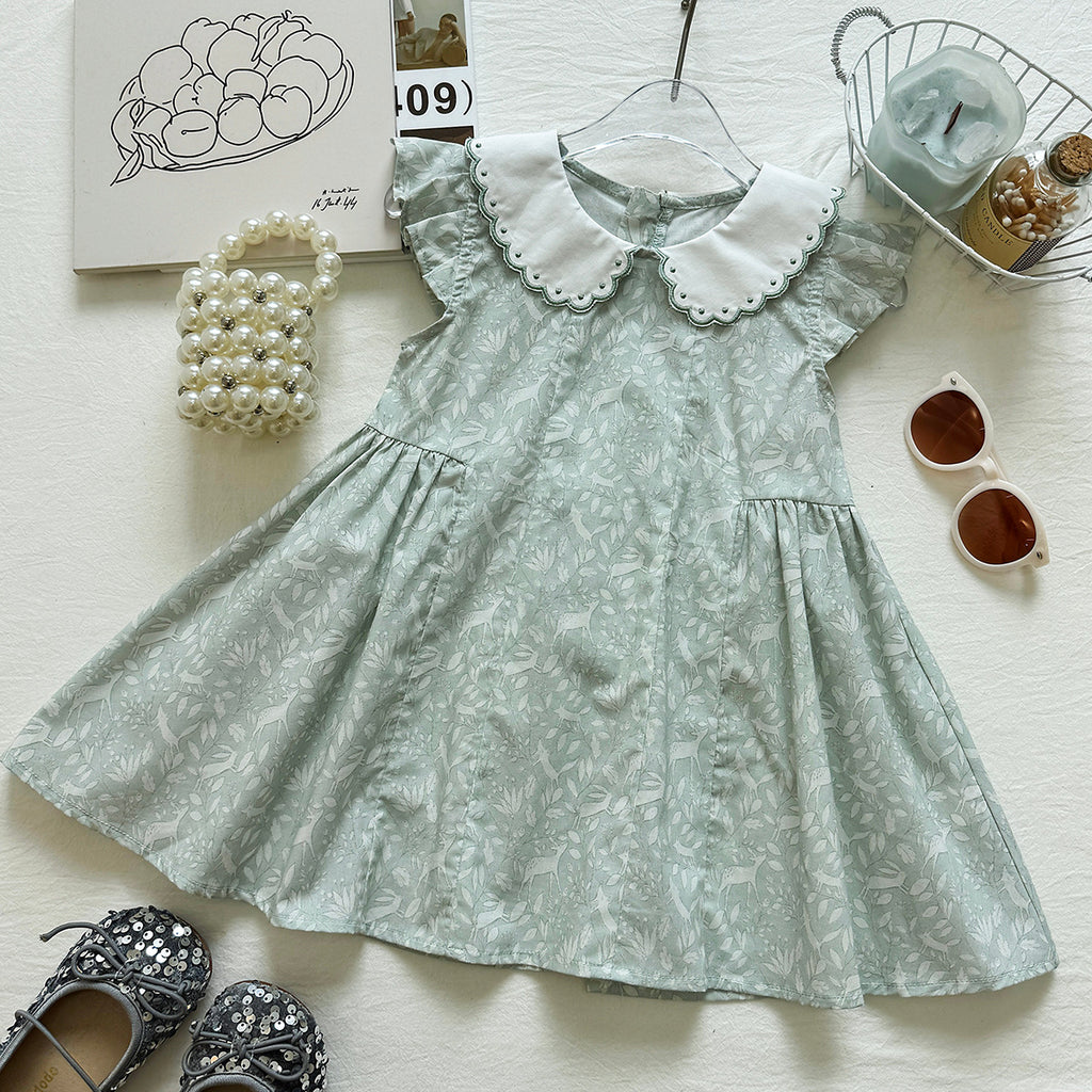 Cute Deer Print Peter Pan Collar Flutter Sleeve Dress for Girls