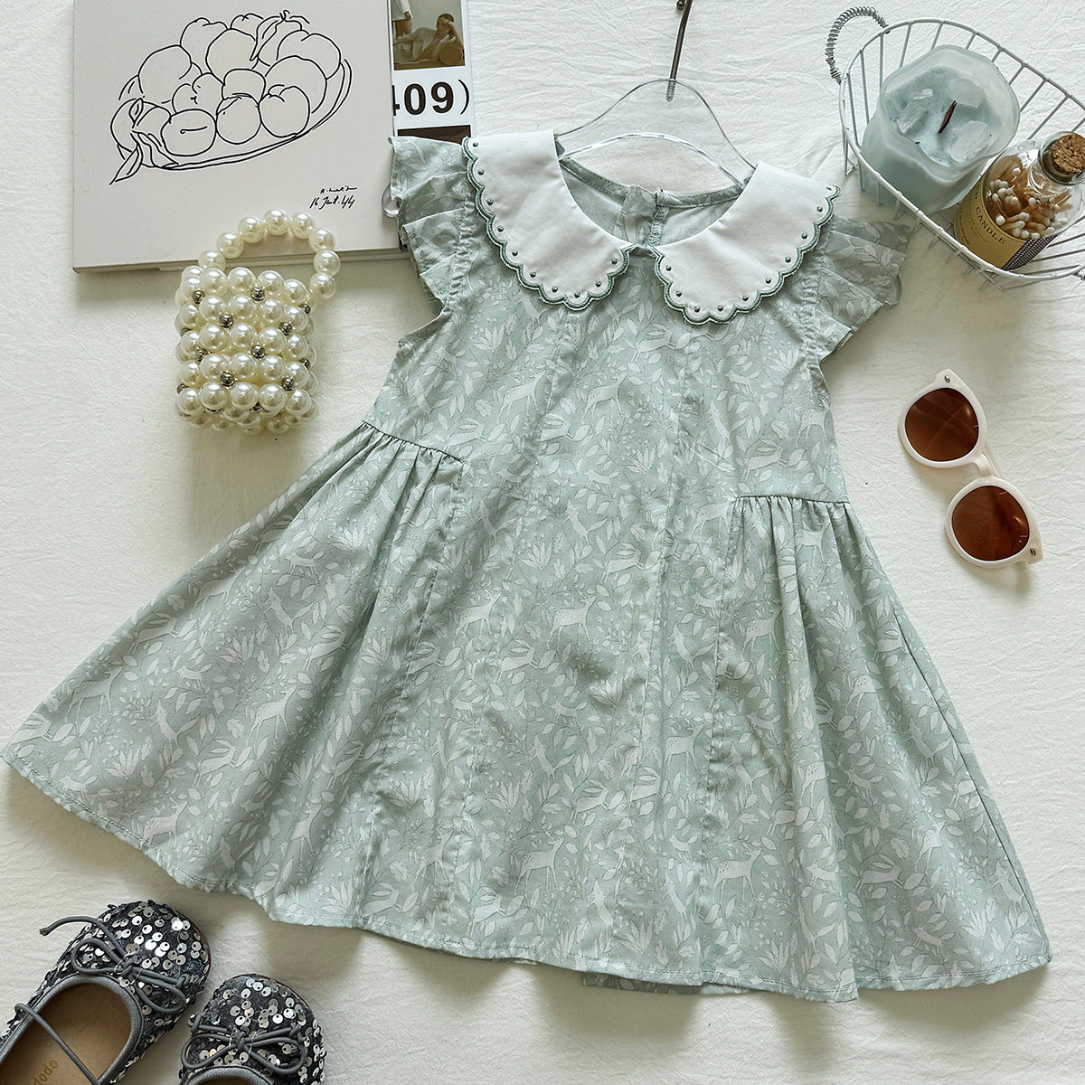 Cute Deer Print Peter Pan Collar Flutter Sleeve Dress for Girls