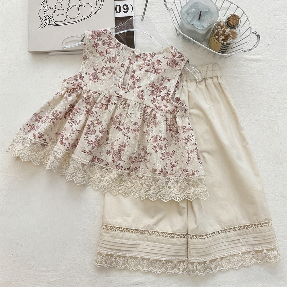 Floral Sleeveless Back Buttoned Doll Shirt Set for Girls