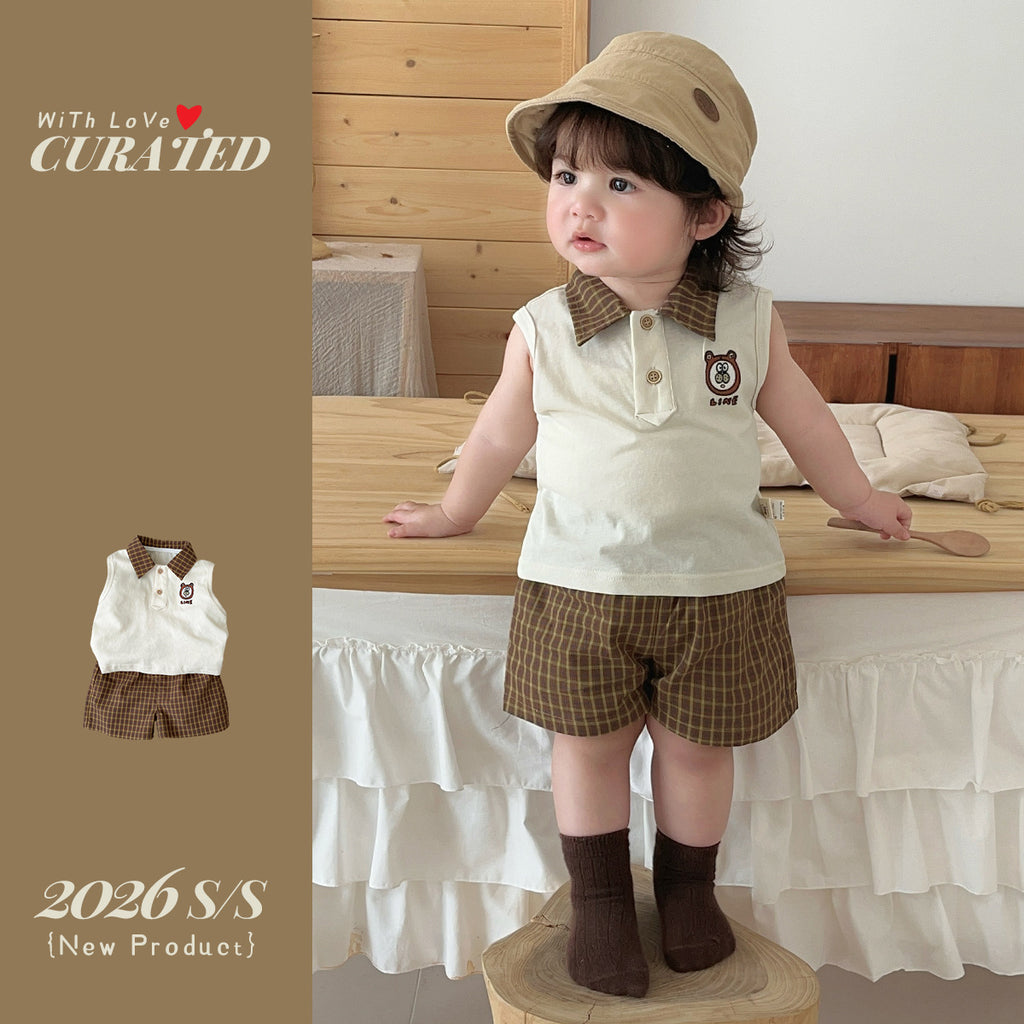 Chic Bear T-Shirt and Plaid Shorts Set for Boys