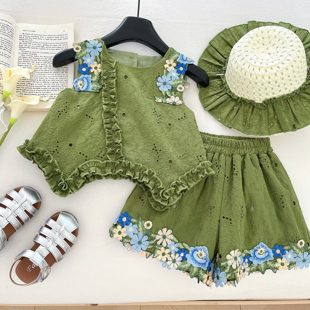 Floral Backless Top with Bow Sleeveless Vest and Ruffle Shorts Set for Girls