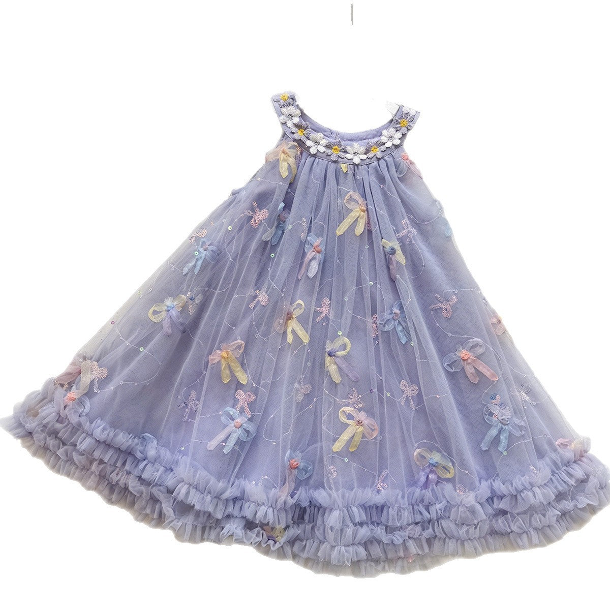 Pastel Color Bow Lace Dress for Girls, Flower Sleeveless Sequin Princess Dress