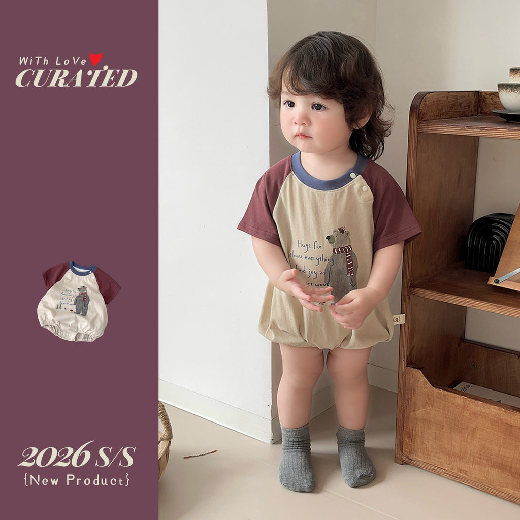 Baby Boy Lightweight Bear Print Bodysuit with Short Sleeve Stylish Outerwear for Infants