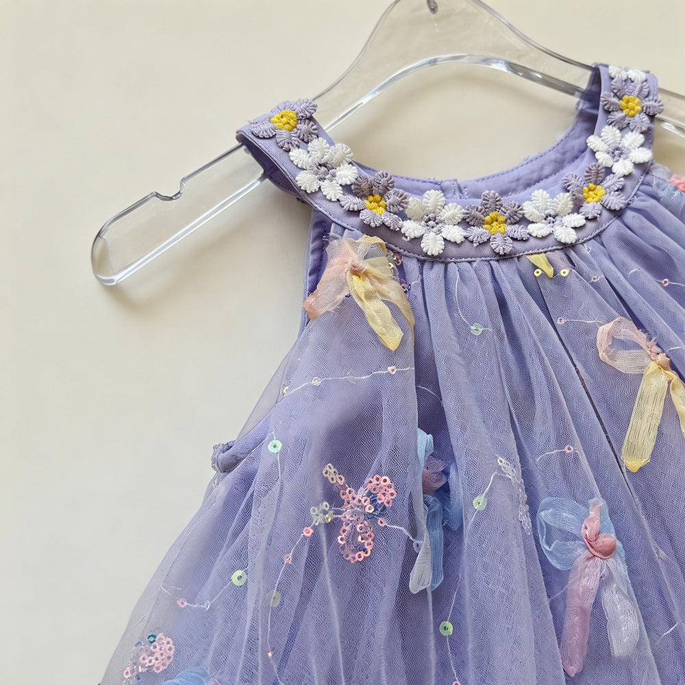 Pastel Color Bow Lace Dress for Girls, Flower Sleeveless Sequin Princess Dress