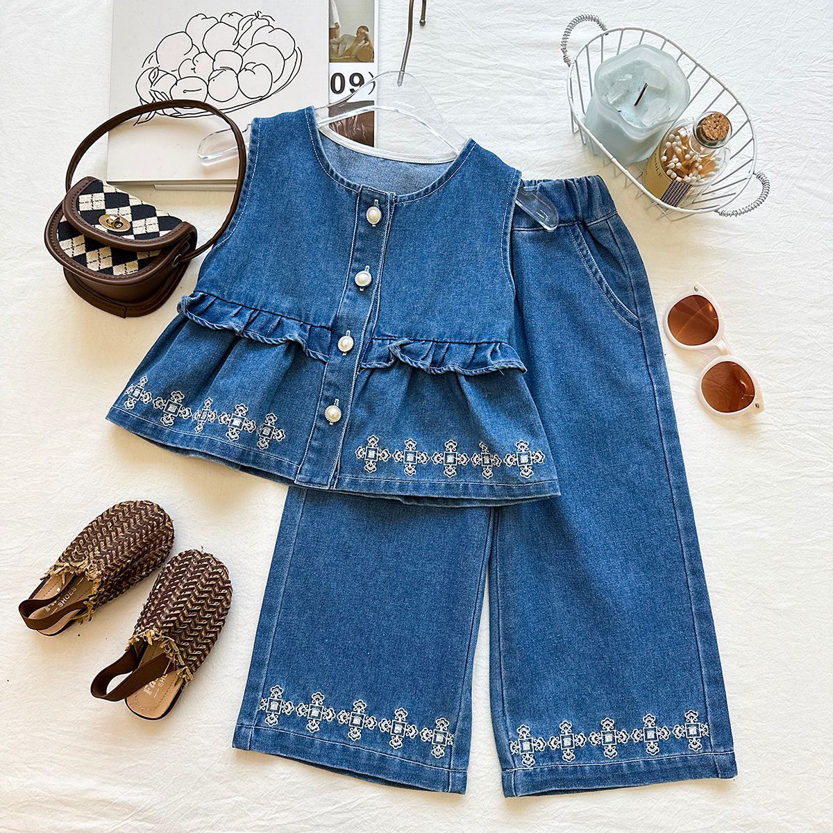 Girls' Washed Soft Denim Cross Flower Vest Se