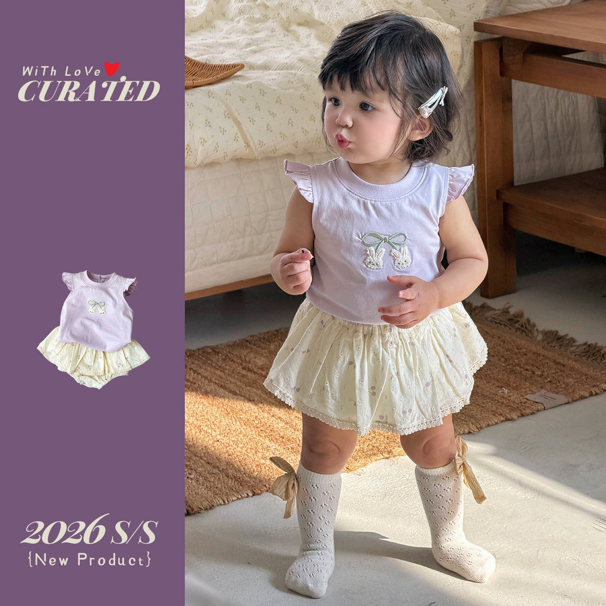 Cartoon Printed Top with Floral Bloomers, Toddler Casual Set