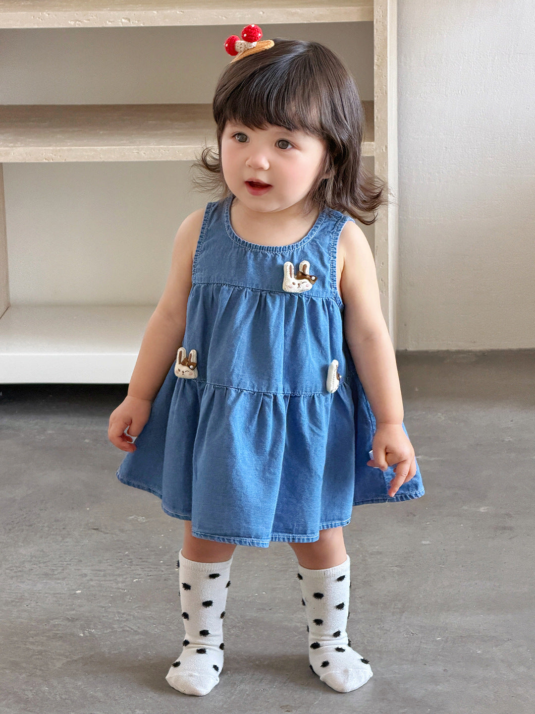 Girl Soft and Cute Denim Overall Dress Cartoon Rabbit Doll Dress Sleeveless Princess Dress for Toddlers