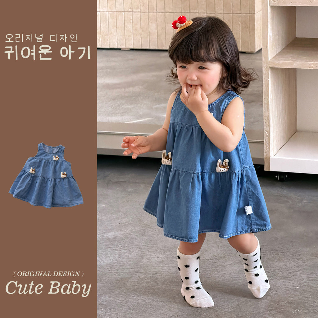 Girl Soft and Cute Denim Overall Dress Cartoon Rabbit Doll Dress Sleeveless Princess Dress for Toddlers