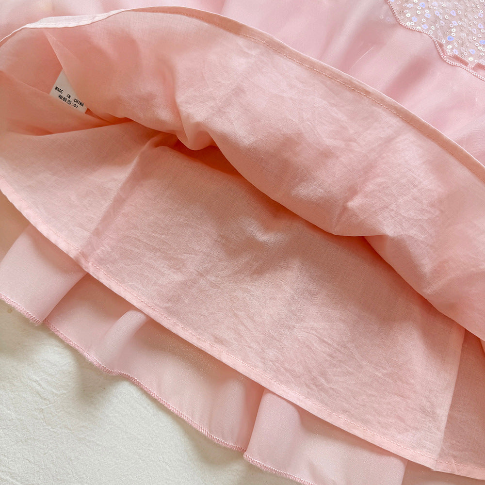 Girls Round Neck Sequin Sleeveless Dress Back Button Large Bow Tulle Spliced Princess Dress