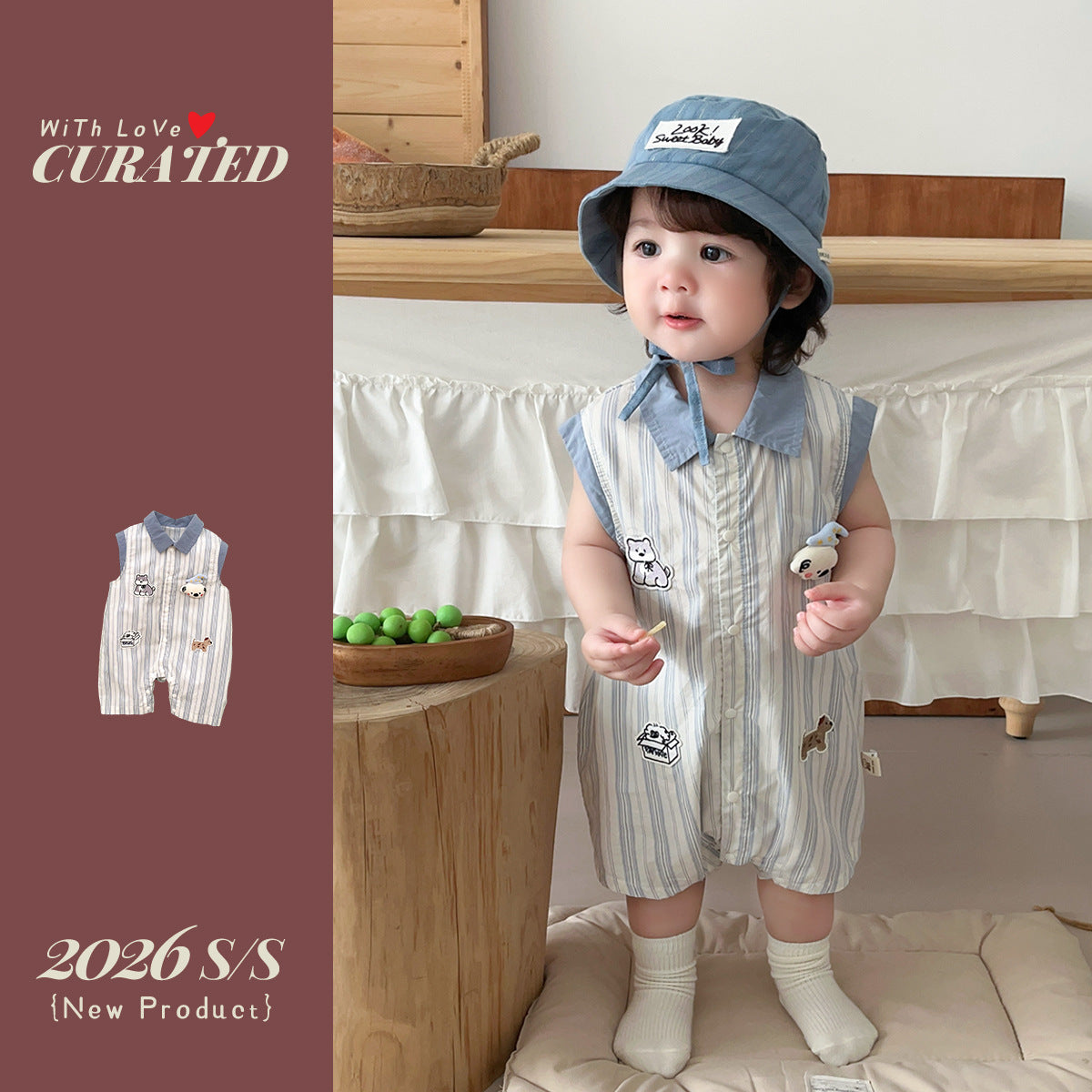 Romper Vest Stripe Cartoon Applique Bodysuit Stylish Summer Crawling Suit