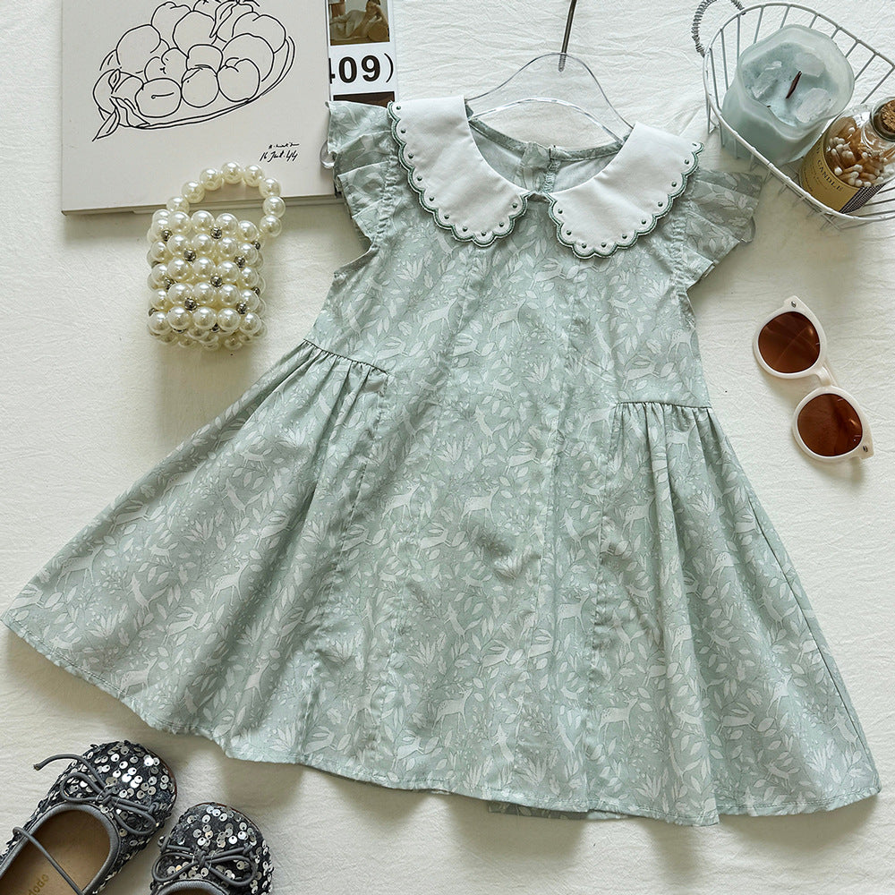 Cute Deer Print Peter Pan Collar Flutter Sleeve Dress for Girls