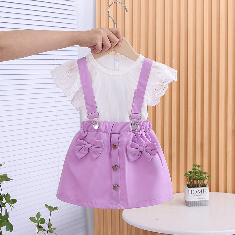 Summer thin girls' short sleeved overalls two-piece set
