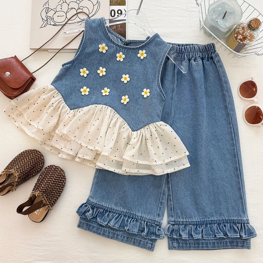 Polka Dot Mesh Denim Sleeveless Top Set for Girls Denim Pants Two-Piece Set