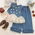 Polka Dot Mesh Denim Sleeveless Top Set for Girls Denim Pants Two-Piece Set