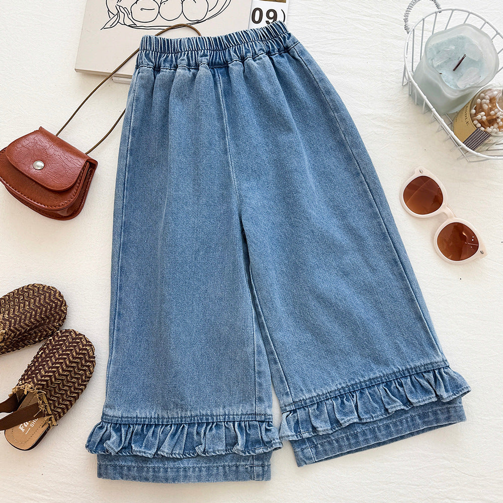 Polka Dot Mesh Denim Sleeveless Top Set for Girls Denim Pants Two-Piece Set
