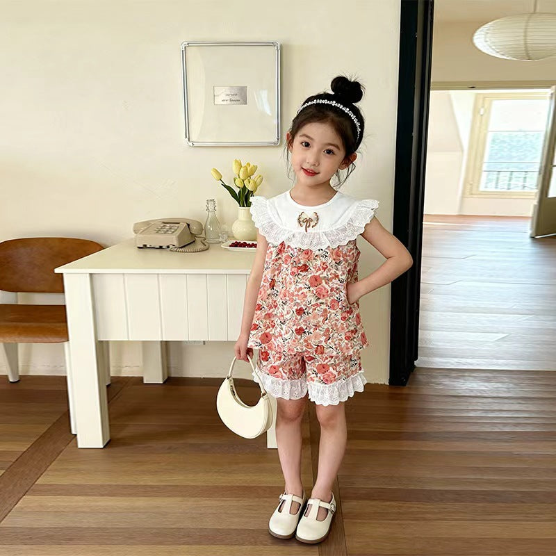 Summer clothes big flower short sleeved two-piece set