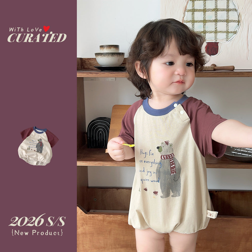 Baby Boy Lightweight Bear Print Bodysuit with Short Sleeve Stylish Outerwear for Infants