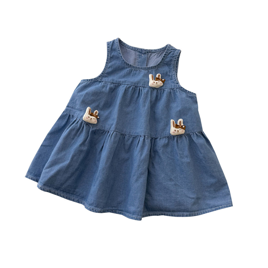 Girl Soft and Cute Denim Overall Dress Cartoon Rabbit Doll Dress Sleeveless Princess Dress for Toddlers