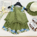 Floral Backless Top with Bow Sleeveless Vest and Ruffle Shorts Set for Girls
